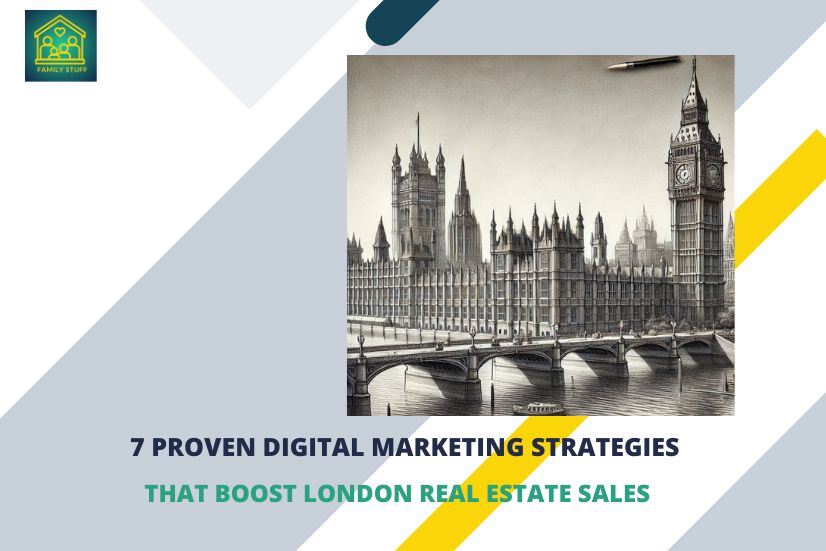 Illustration of London landmarks, including Big Ben and Westminster Bridge, with text highlighting digital marketing strategies for real estate sales in London.