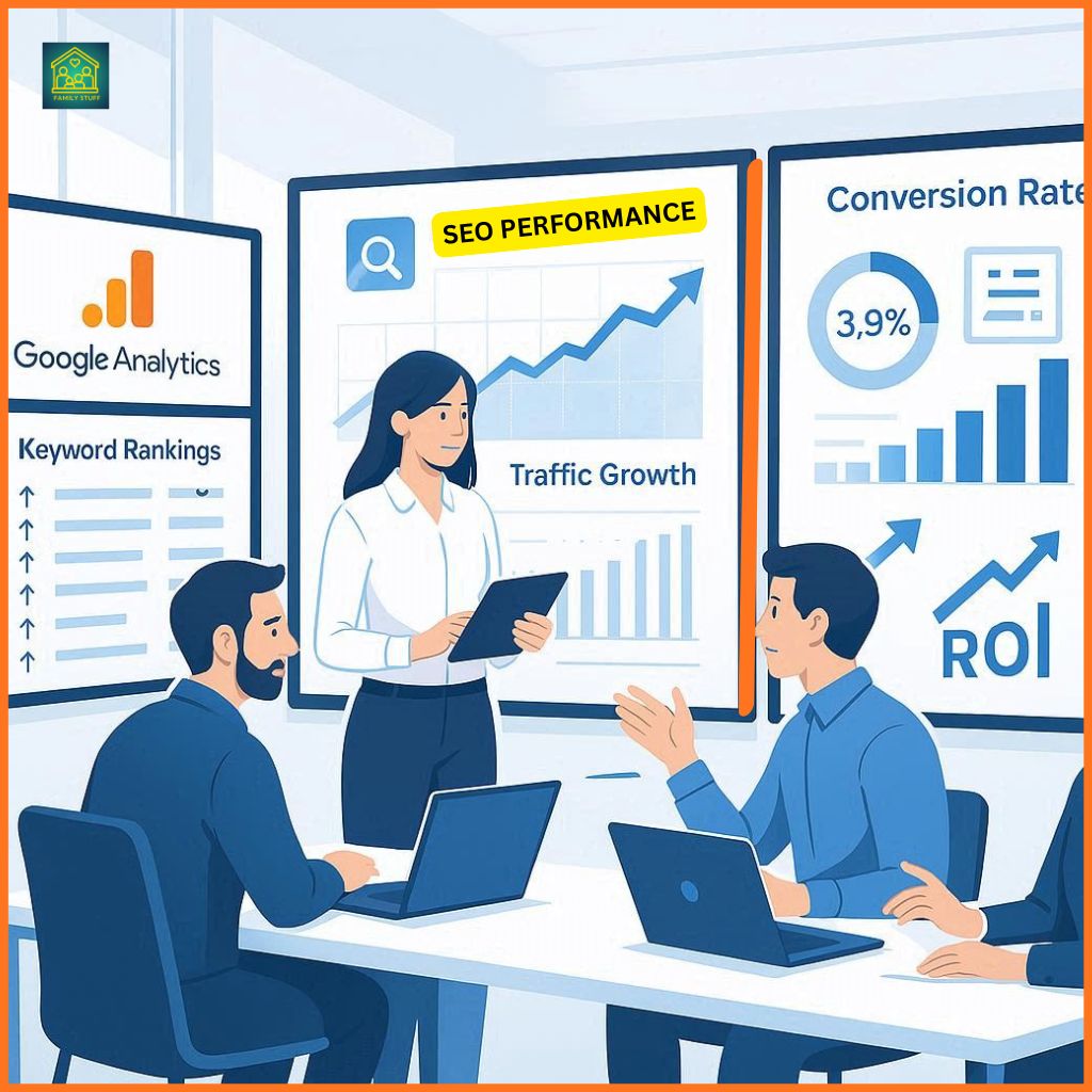 Digital marketing team reviewing SEO analytics dashboards showing keyword rankings, website traffic, and ROI growth, illustrating measurable results and data-driven success from SEO campaigns.