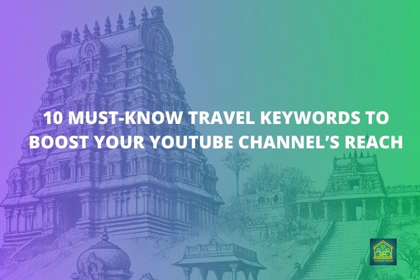 A digital illustration of an ancient Indian temple with a gradient background, featuring text about travel-related YouTube SEO keywords.