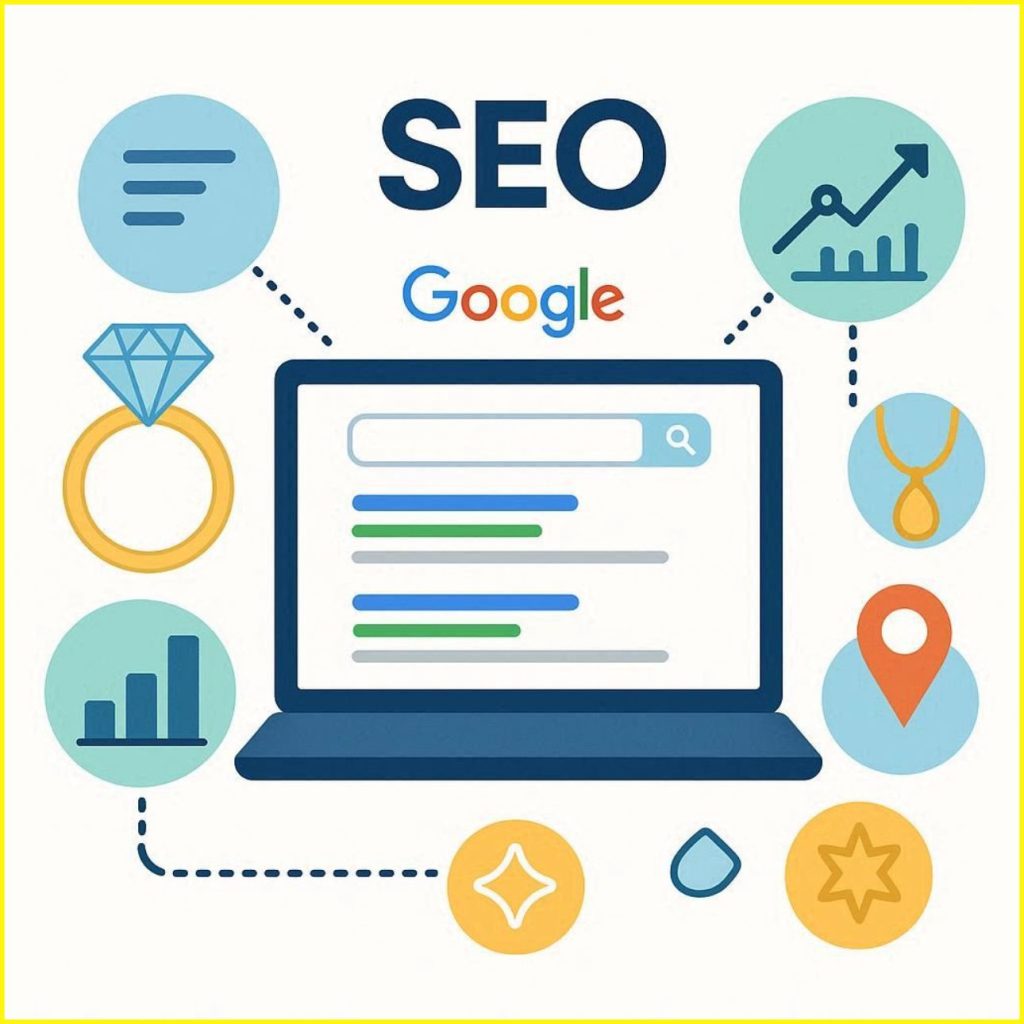 image showing SEO strategy for jewelry websites with diamond jewelry, gold ornaments, keyword optimization, search rankings, and digital marketing elements