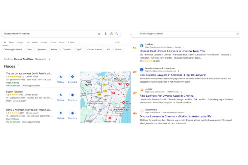 Google search result for “divorce lawyer in Chennai” showing local map pack and top-ranking law firms.