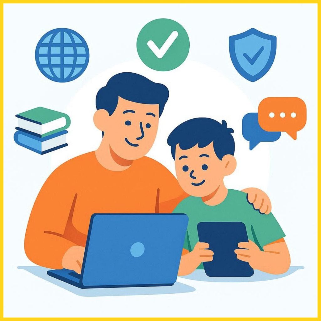 a parent and child using digital devices with icons representing safety, fact-checking, and responsible online habits in blue, green, and orange.