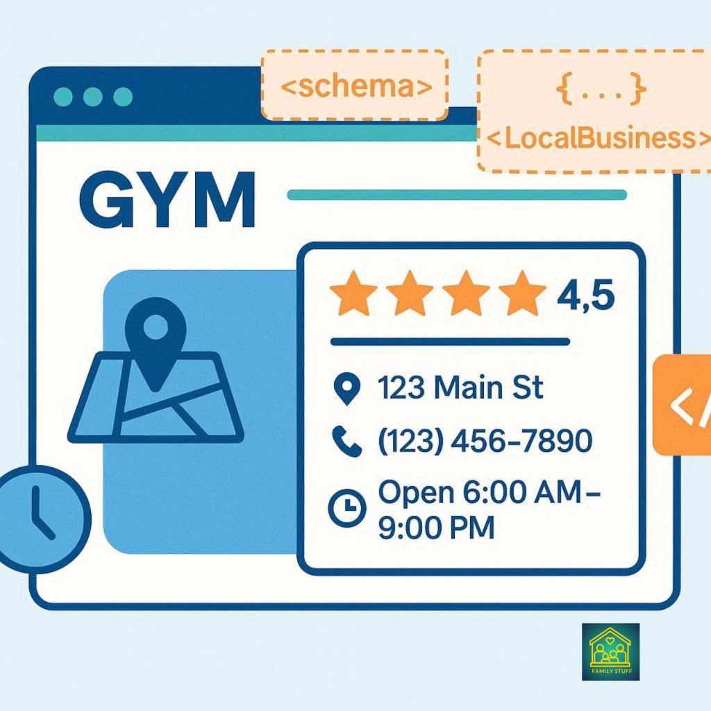 a gym website with schema markup elements, including stars, maps, and business info tags in blue, green, and orange.