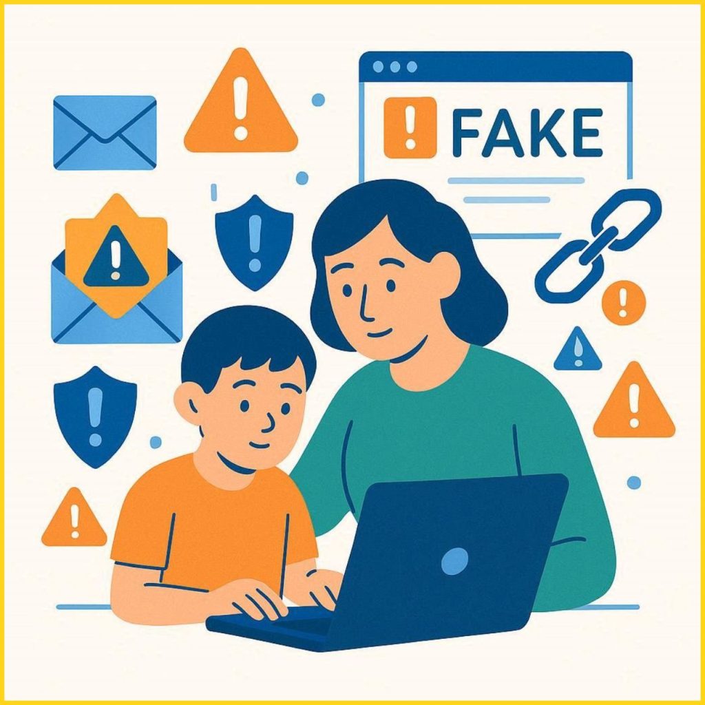 a parent and child viewing warning signs on a computer, with icons of scam emails, fake popups, and unsafe links in blue, green, and orange.