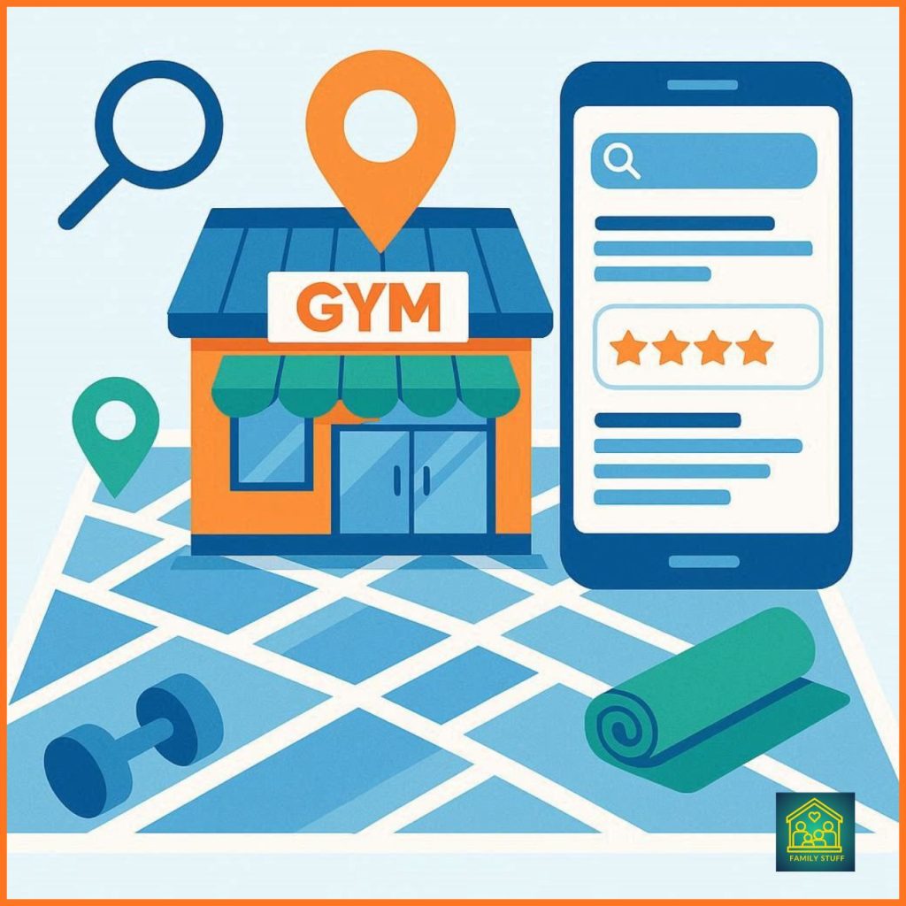 a gym on a digital map with location pins, search icons, and rating stars in blue, green, and orange.
