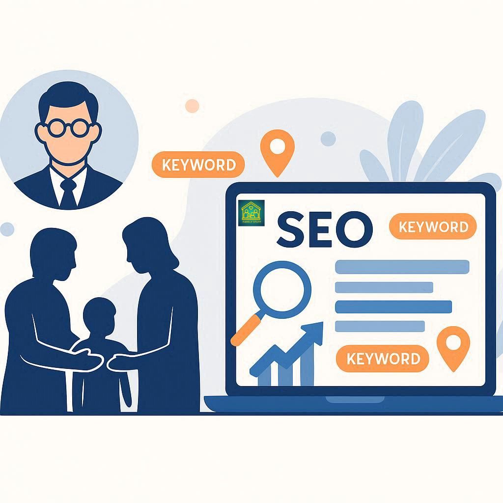 image of divorce and family law SEO strategy showing lawyer and family icons, keyword research, and local search optimization in blue and orange tones.