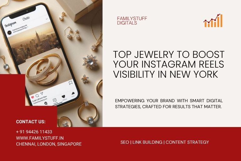 Smartphone screen displaying an Instagram post with jewelry items and a New York City skyline, surrounded by gold rings and earrings, promoting Instagram Reels keyword strategy.