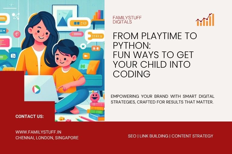 Illustration of a mother and child using a laptop together, learning coding in a colorful, family-friendly setting, with digital icons and graphics in the background.