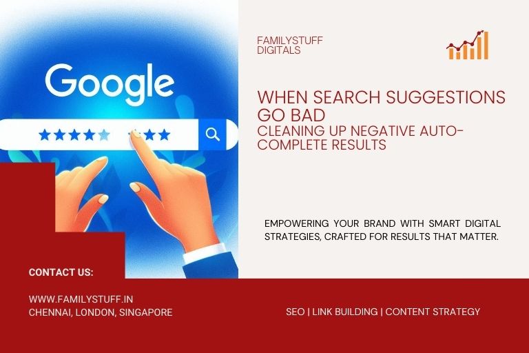 Hands typing into Google search bar with positive star-rated suggestions appearing, representing improved brand reputation and search results.