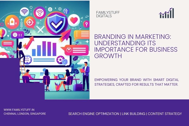 Branding in marketing concept illustration with digital team working on brand growth strategies.