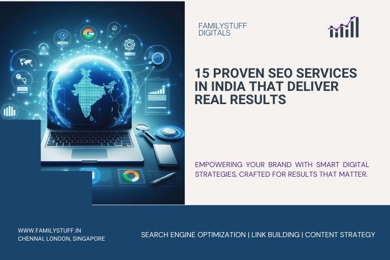 Professional digital marketing banner showing laptop with SEO analytics, India map, and icons for search engine optimization, link building, and content strategy.