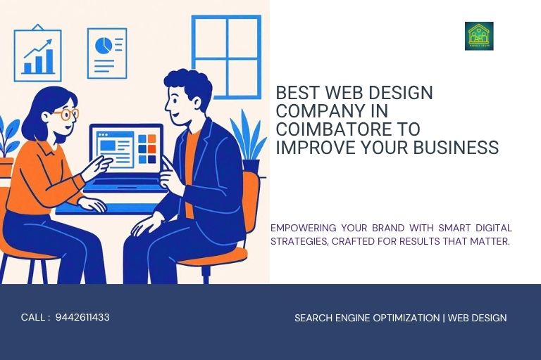two professionals in a Coimbatore office discussing web design with a laptop showing layouts, in blue and orange tones, on a white background