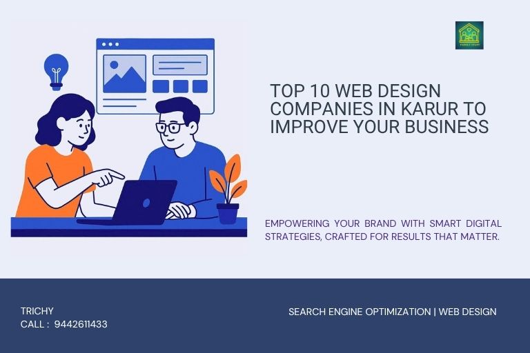 Two people collaborating on web design at a desk with a laptop. One points at the screen while the other observes. Minimalist flat vector style in blue and orange, representing teamwork and creativity in a professional workspace.
