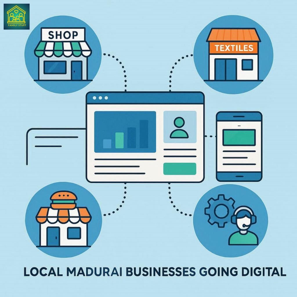 image of Madurai businesses connecting through a modern website interface with analytics, contact forms, and responsive layouts in blue, green, and orange tones.