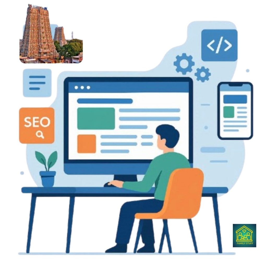image of a web designer in madurai working on a responsive website layout with UI elements, SEO icons, and mobile screens in blue, green, and orange tones.