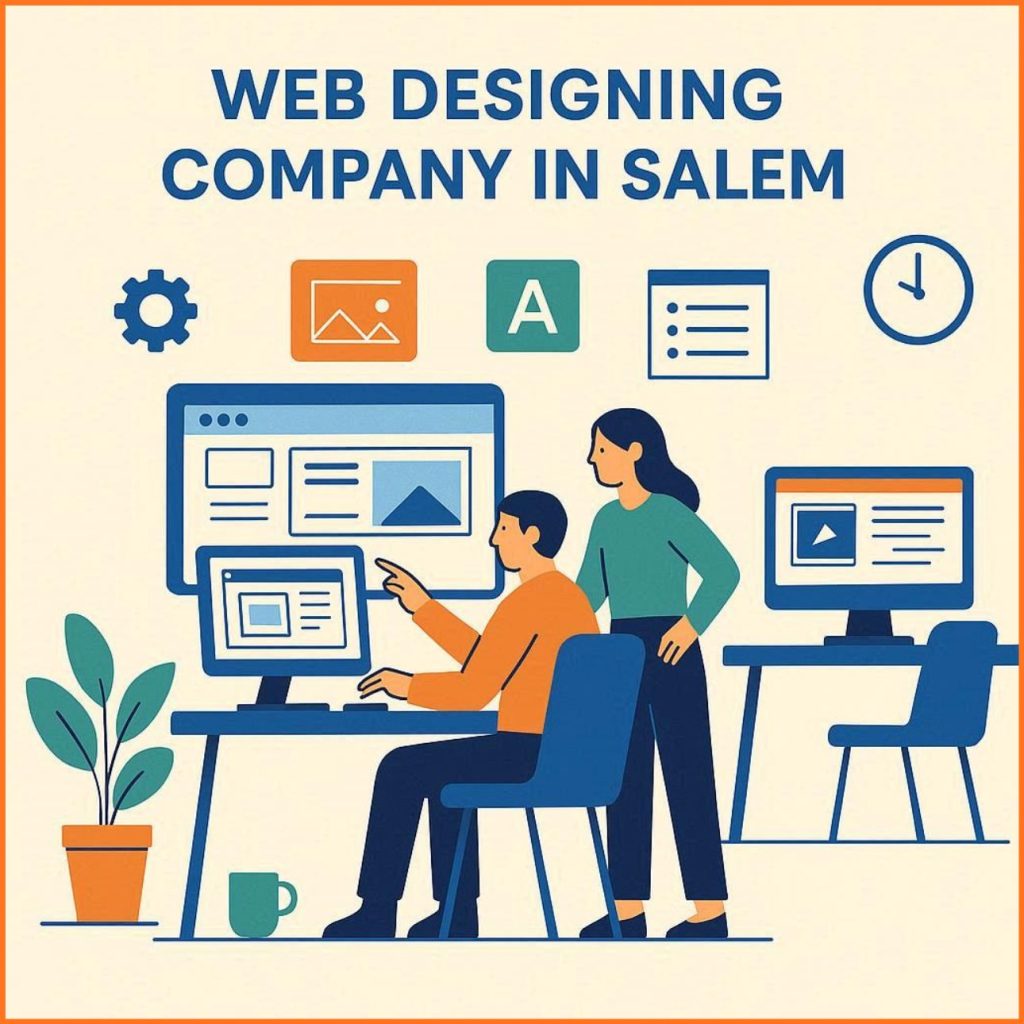 a Salem web designing company office with two professionals working together on website layouts, using blue, orange, and green tones.