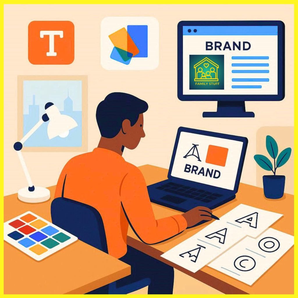 a designer working on branding concepts at a desk with laptop, color palette, and logo sketches, representing Familystuff branding company in Trichy.