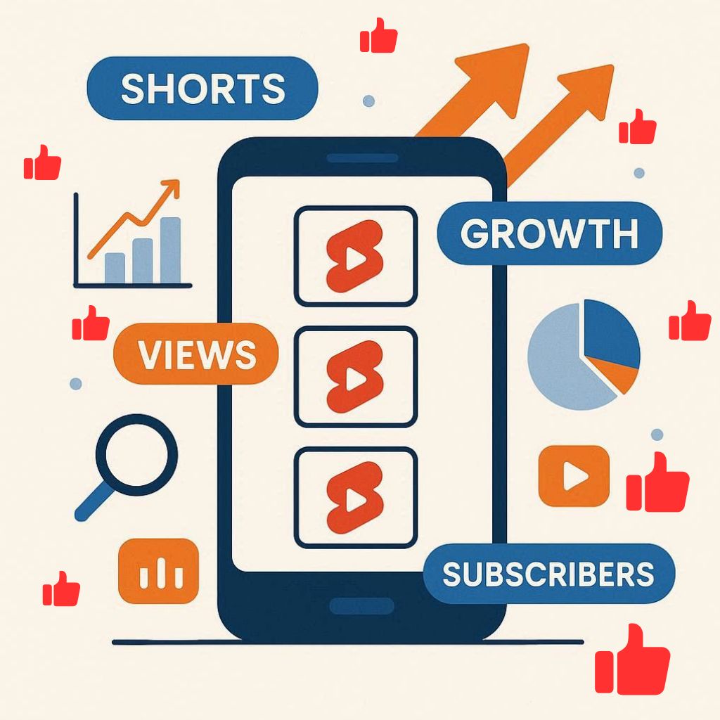 image howing YouTube Shorts growth using keywords, with a smartphone, search icons, growth arrows, and video symbols in blue and orange colors.