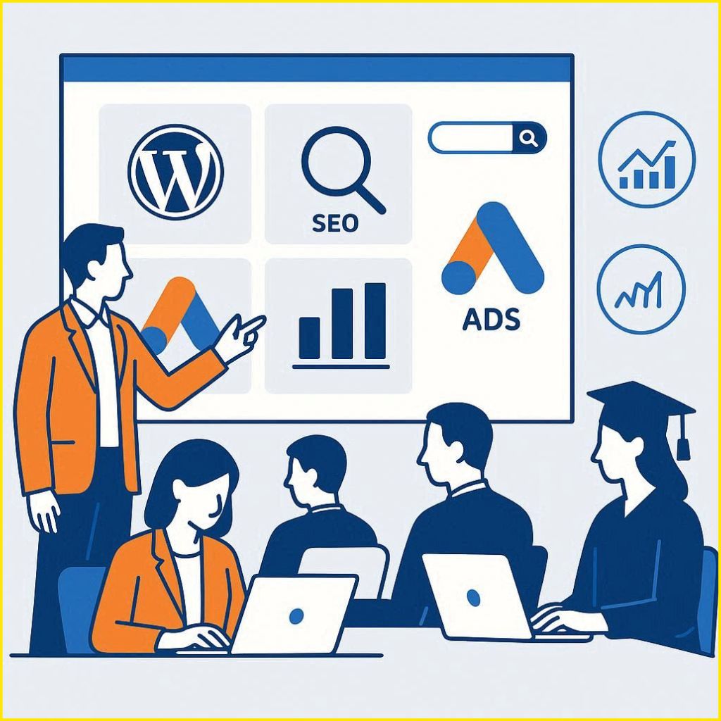 image showing digital marketing training for business owners and graduates in Coimbatore, focused on ROI, real websites, ads, and analytics, branded in blue and orange by familystuff.