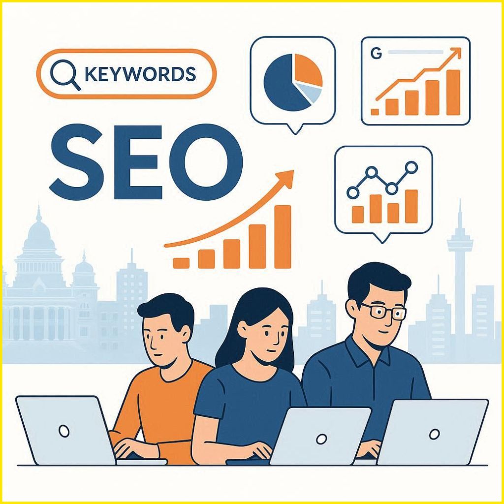 Illustration showing students and professionals learning SEO courses in Bangalore with digital marketing charts and growth icons
