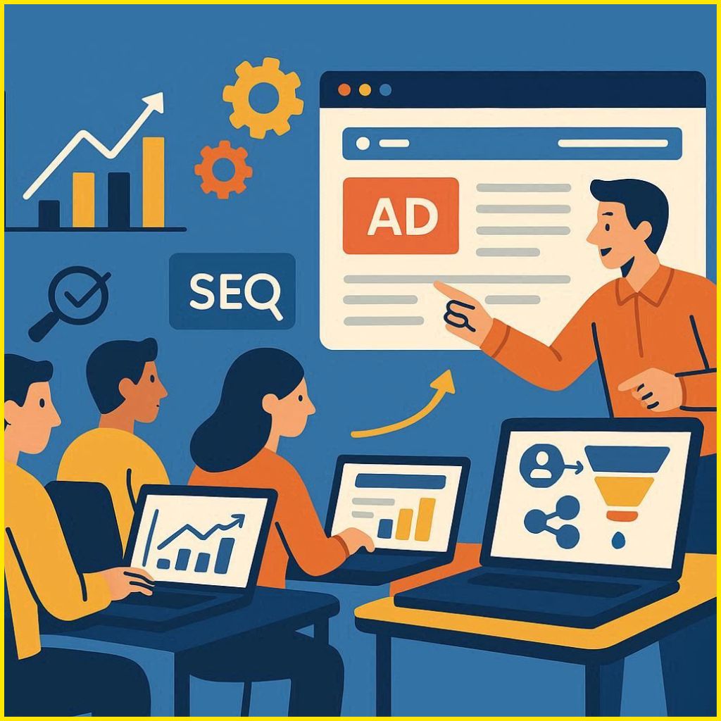 image of of students practicing digital marketing on real websites using industry tools, learning lead generation, analytics, and business growth skills at FamilyStuff Chennai.