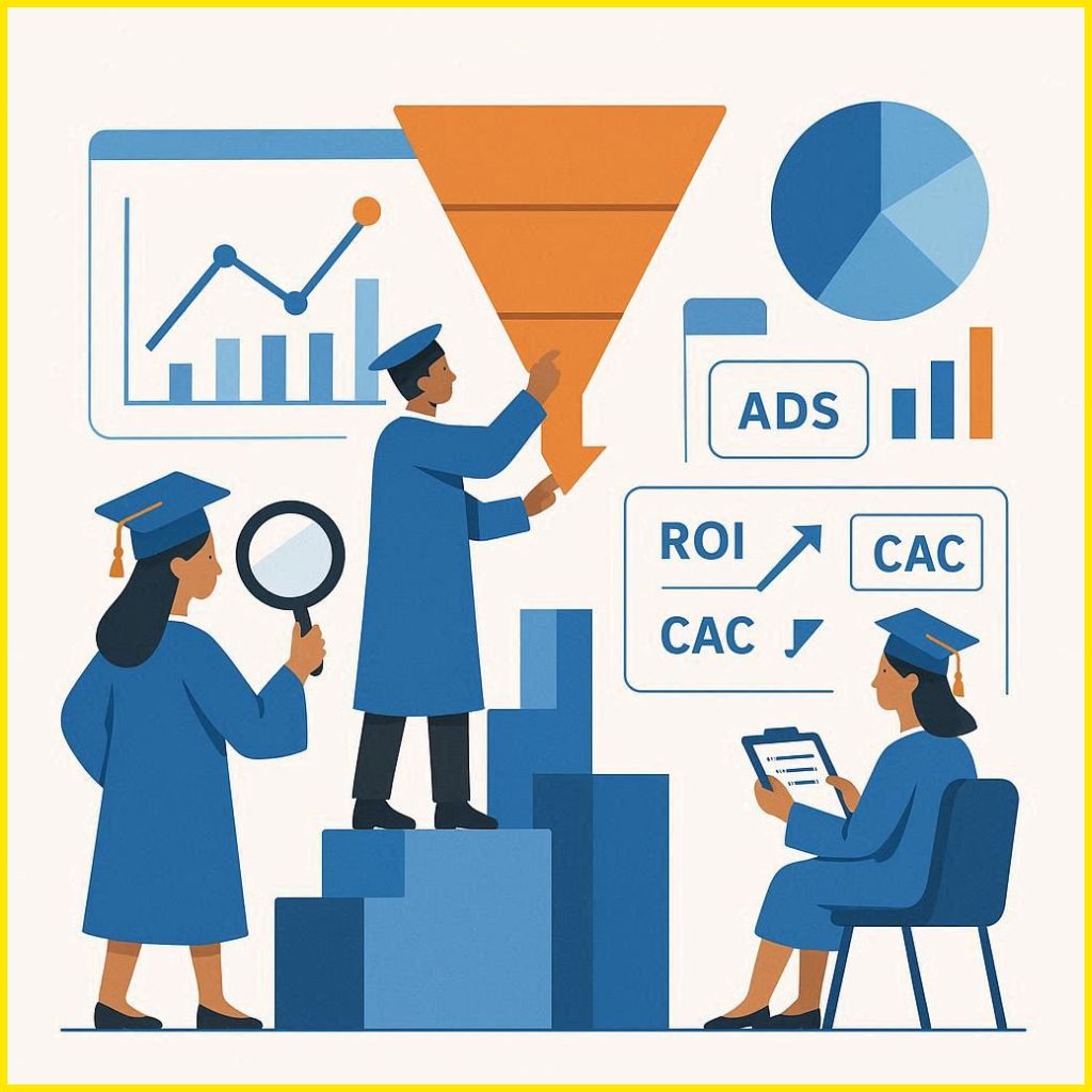 image showing engineering graduates designing a data-driven digital marketing system with charts, funnels, and ROI metrics in blue and orange theme