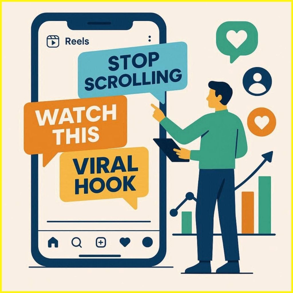 Flat vector illustration of Instagram Reels hooks strategy showing scroll-stopping text, engagement icons, and creator growth concept in 2026