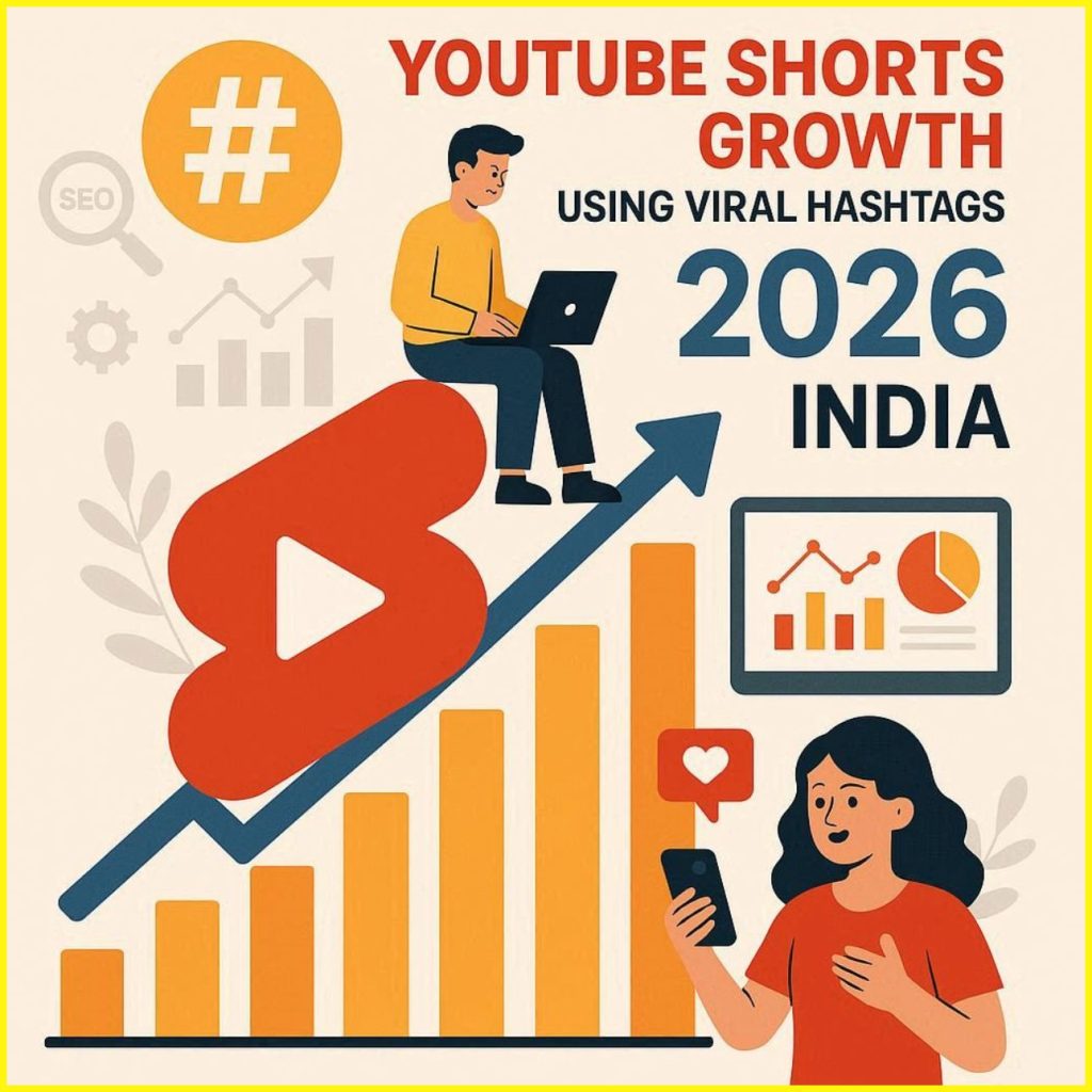 image showing YouTube Shorts growth using viral hashtags in 2026 India, with SEO icons, analytics charts, and content creator elements by familystuff