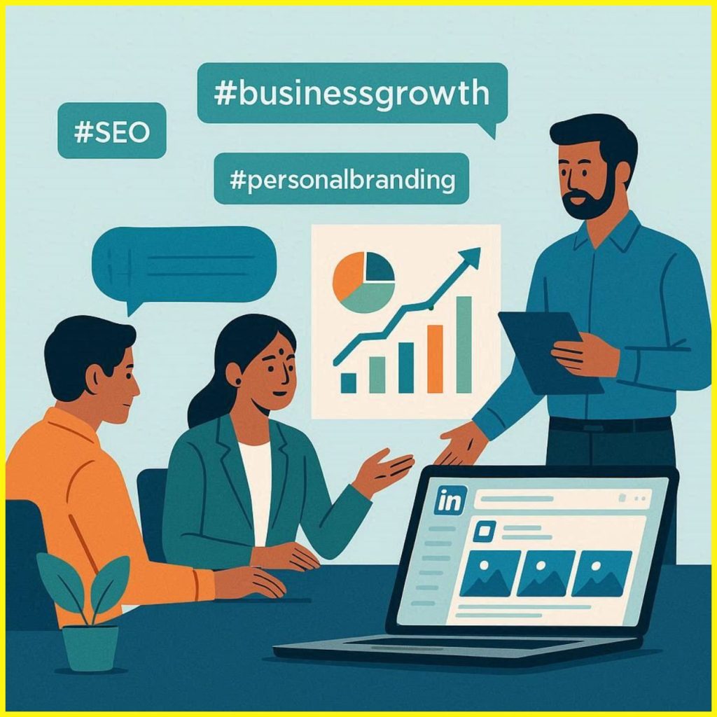 image of LinkedIn hashtag strategy showing digital marketing growth, SEO, and professional networking in India, designed for LinkedIn content optimization in 2026.