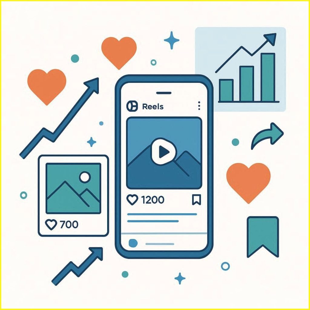 image of Instagram posts and reels going viral, showing engagement icons and growth charts in blue, green, and orange.