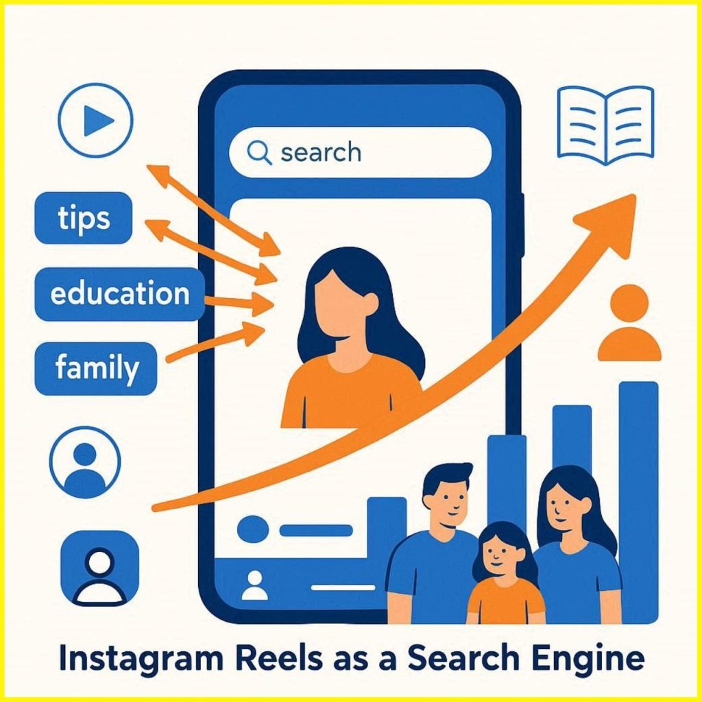 image showing Instagram Reels working like a search engine with keywords driving organic reach for creators and family brands in 2026 by familystuff