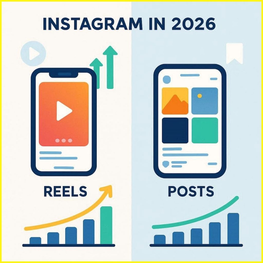 Flat vector illustration comparing Instagram reels vs posts in 2026, showing reels driving faster viral reach and posts building steady engagement, using blue, green, yellow, and orange growth visuals.
