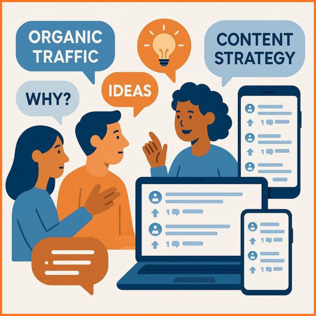 image showing people discussing Reddit keywords, ideas, and content strategies using blue and orange colors for digital marketing education.