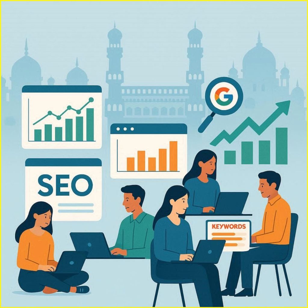Flat vector illustration showing SEO training in Hyderabad with students learning digital marketing, keyword research, and search engine optimization using blue, green, and orange colors.