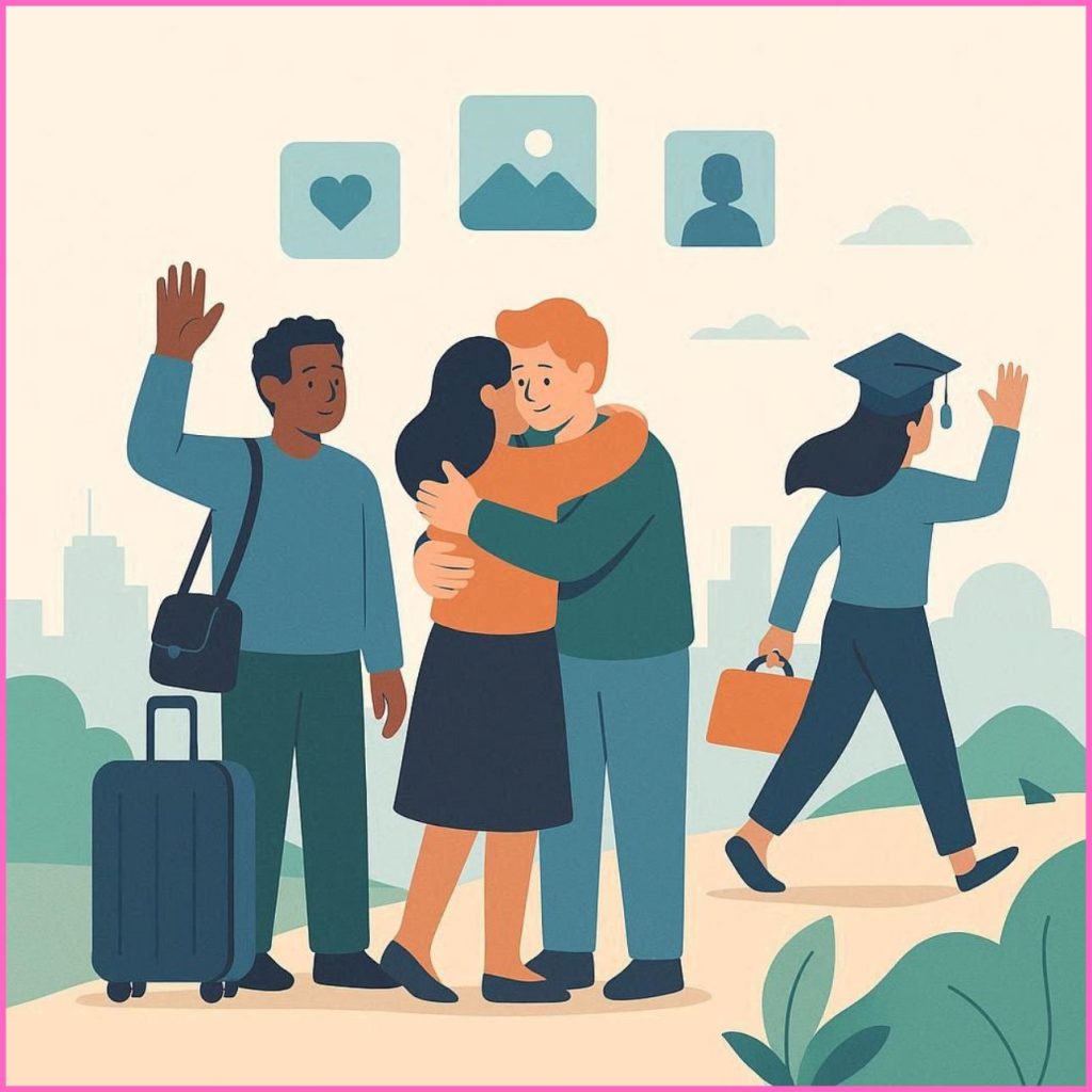 Flat vector illustration showing people saying goodbye with emotions, suitcases, memories, and new beginnings in blue, green, and orange tones, representing farewell captions for Instagram in 2026.