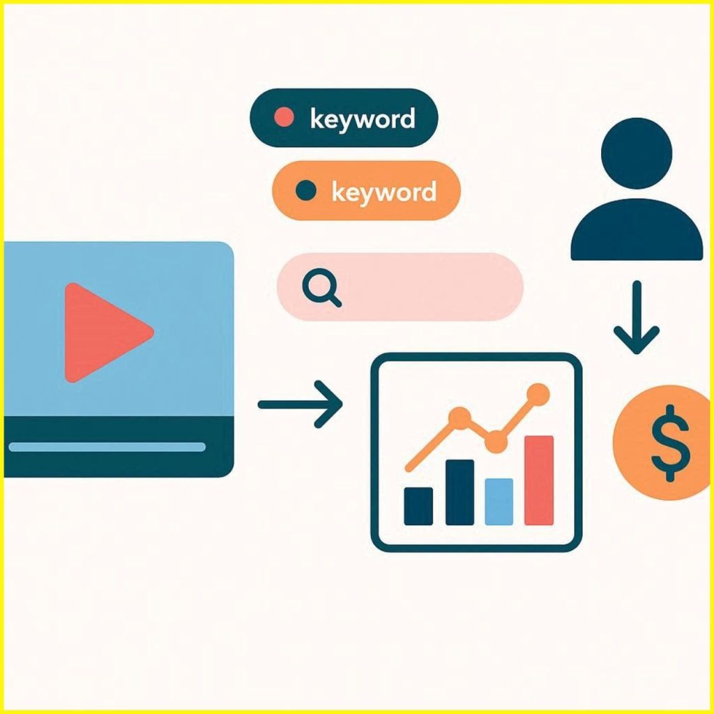 Flat vector illustration showing video SEO keyword strategy for lead generation and sales using blue, green, and orange colors, representing video marketing, search optimization, and business growth for familystuff.