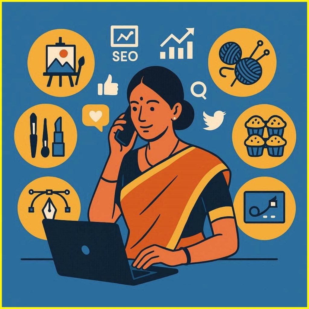 Housewife learning digital marketing online to promote skills like painting, teaching, handicrafts, and home business from home