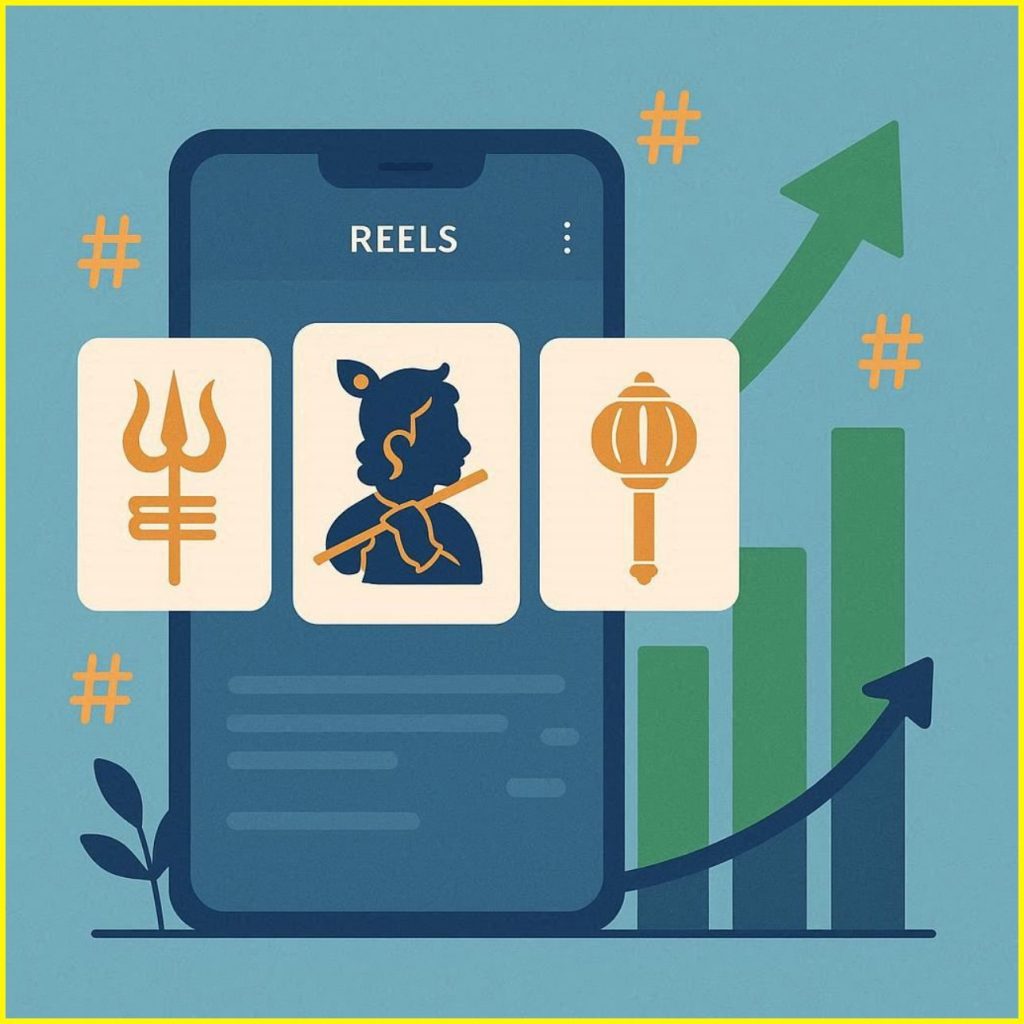 Flat vector illustration showing devotional reels growth using Hindu god hashtags like Mahadev, Krishna, and Hanuman on social media platforms