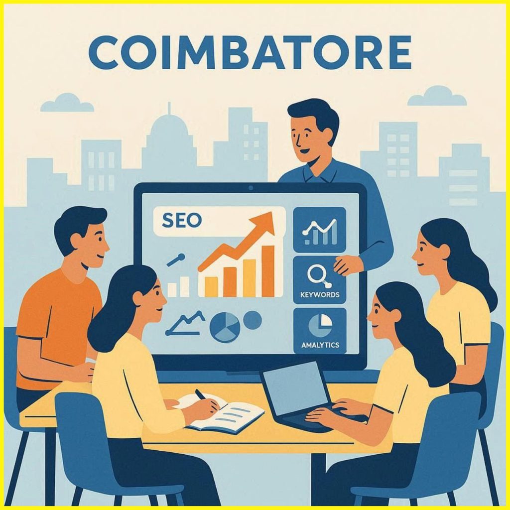 Flat vector illustration showing SEO training and digital growth in Coimbatore with professionals learning search engine optimization and online ranking strategies.