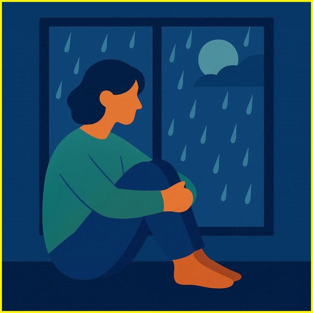 Flat vector illustration of a lonely person sitting quietly by a window at night, expressing silent sadness and emotional healing using blue, green, and orange tones.