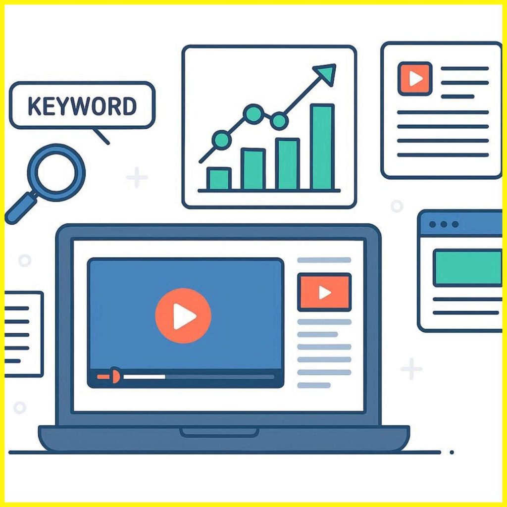Flat vector illustration showing video SEO strategy elements including keyword research, video thumbnails, analytics dashboard, transcript document, and website optimization icons in blue, green, and orange color theme.