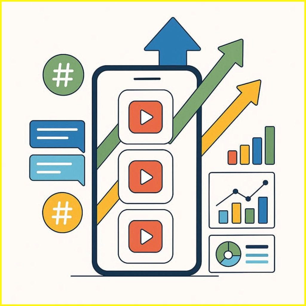 Flat vector illustration showing Instagram Reels growth strategy in 2026 with hashtags, captions, and analytics icons representing viral reach, engagement, and trend-based content for creators and brands like familystuff