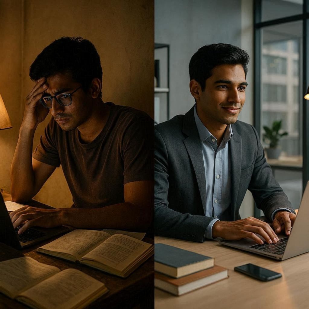 Student learning digital marketing on laptop to overcome financial struggles and build career through SEO