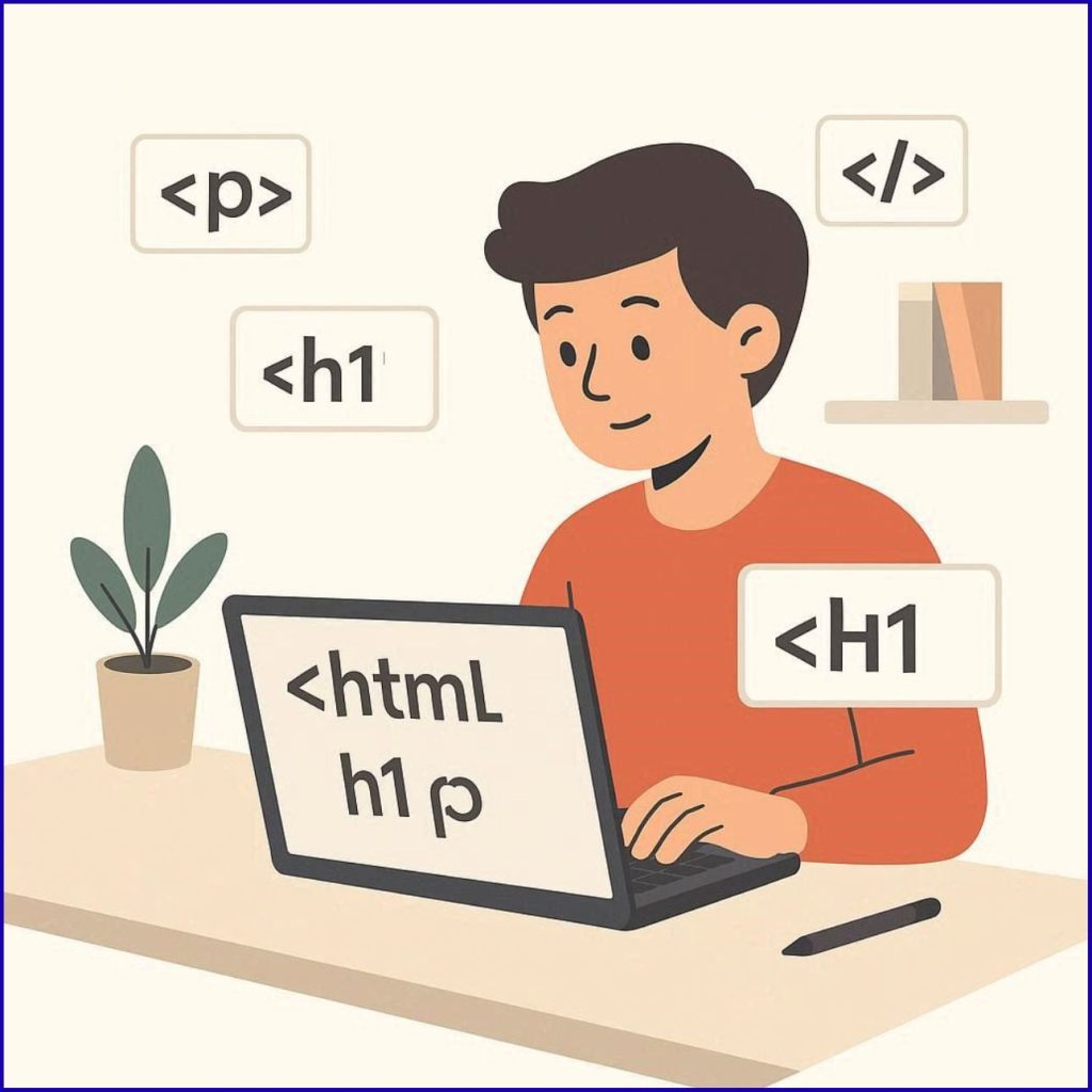 Flat vector illustration showing a beginner learning HTML coding on a laptop with code elements, tags, and website layout on screen.