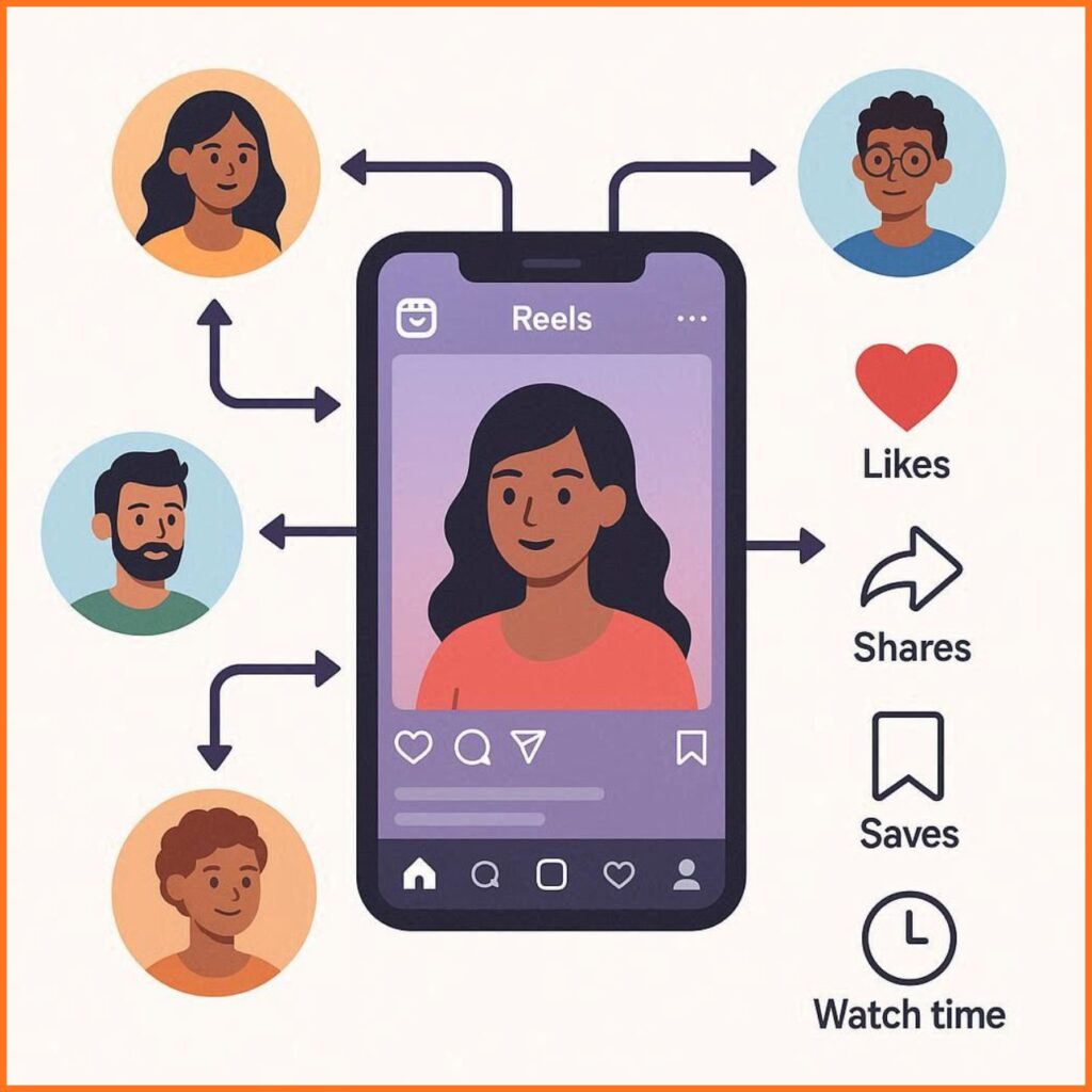 Flat vector illustration of Instagram Reels algorithm showing content distribution, user engagement icons, and AI-based recommendation system on a smartphone screen