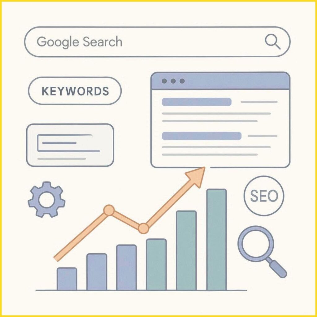Illustration showing how SEO helps websites rank higher on Google search results with keywords, content, and performance factors