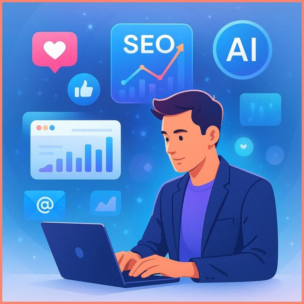 Illustration showing a person using a laptop with digital marketing elements like social media icons, analytics graphs, AI tools, and online business growth concepts around them
