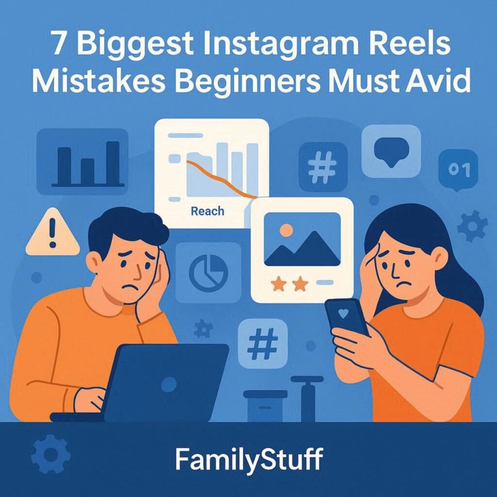 Flat vector illustration showing beginner content creators making Instagram reels mistakes with low engagement analytics, mobile screens, warning icons, and social media elements in blue and orange colors.