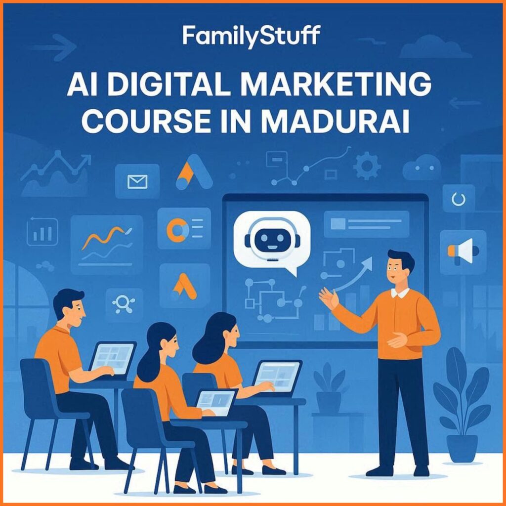 Flat vector illustration of students learning AI digital marketing with SEO analytics, social media marketing tools, automation systems, online advertising, and AI dashboards in blue and orange colors for Familystuff course page.