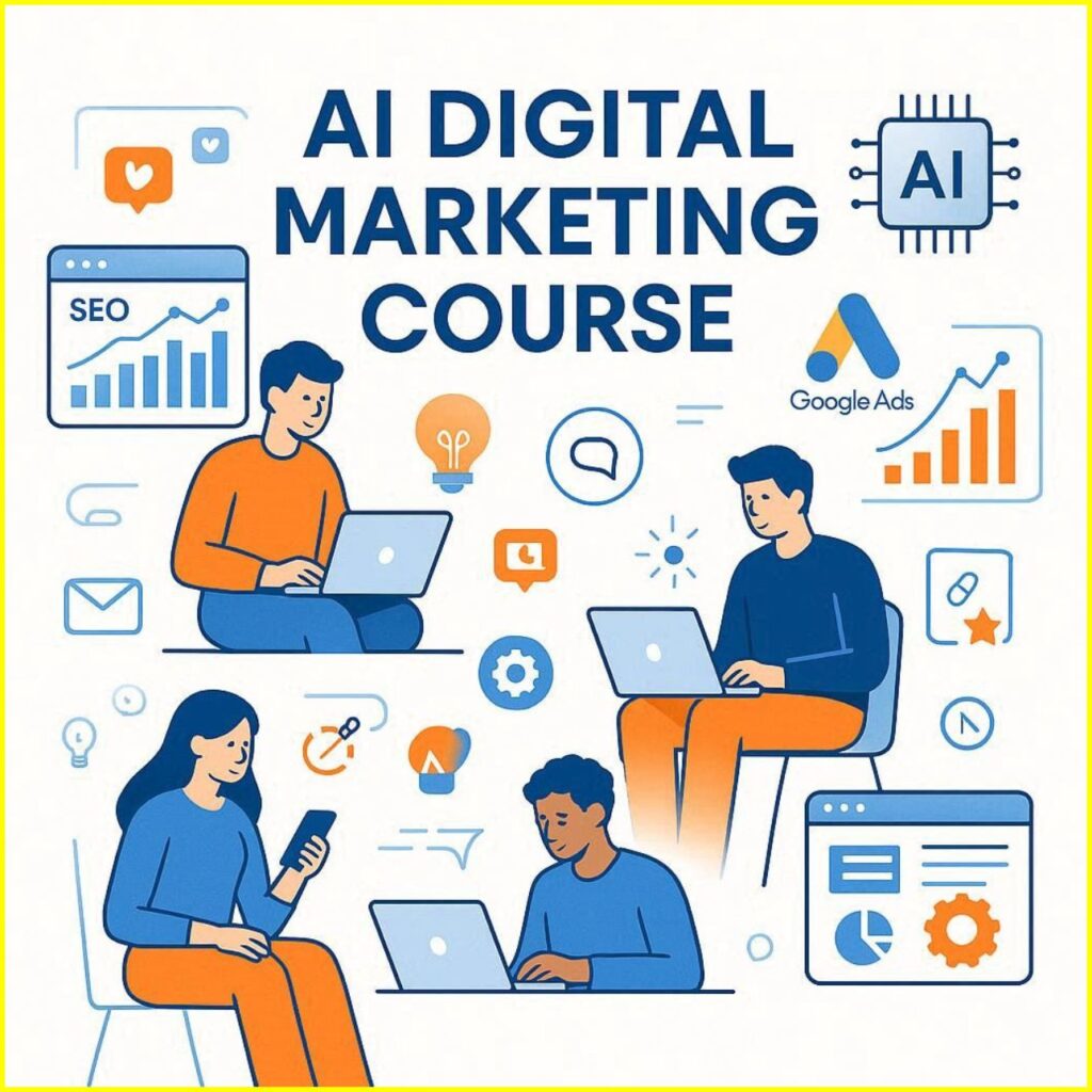 Flat vector illustration of students learning AI digital marketing online with SEO charts, social media icons, laptop, analytics dashboard, and AI tools in blue and orange colors for Familystuff training course.